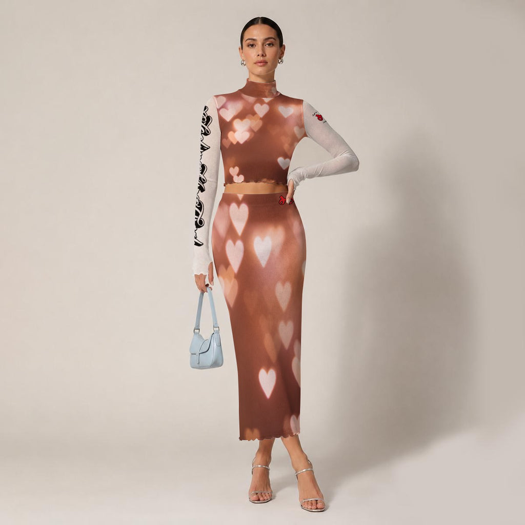 All-Over Print Women's High Neck Skirt Set With Thumb Hole