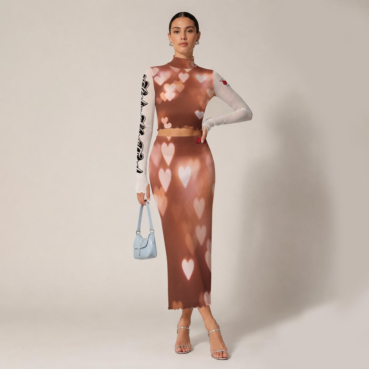 All-Over Print Women's High Neck Skirt Set With Thumb Hole