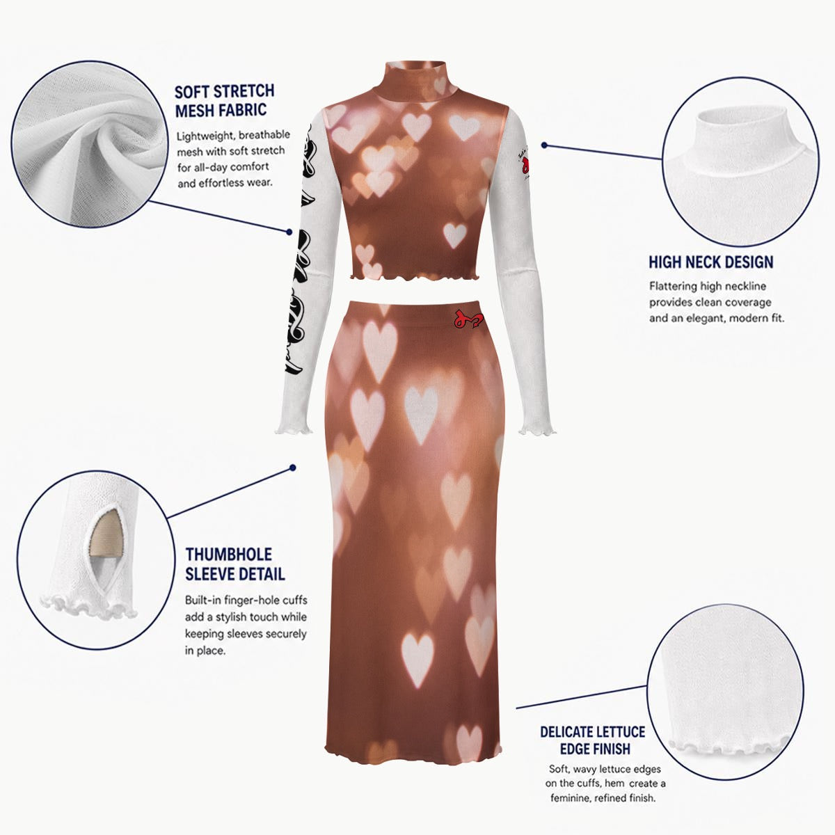 All-Over Print Women's High Neck Skirt Set With Thumb Hole